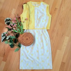 🐥 VTG Yellow & White 2-Pc Embroidered Dress Jacket Set Sz M